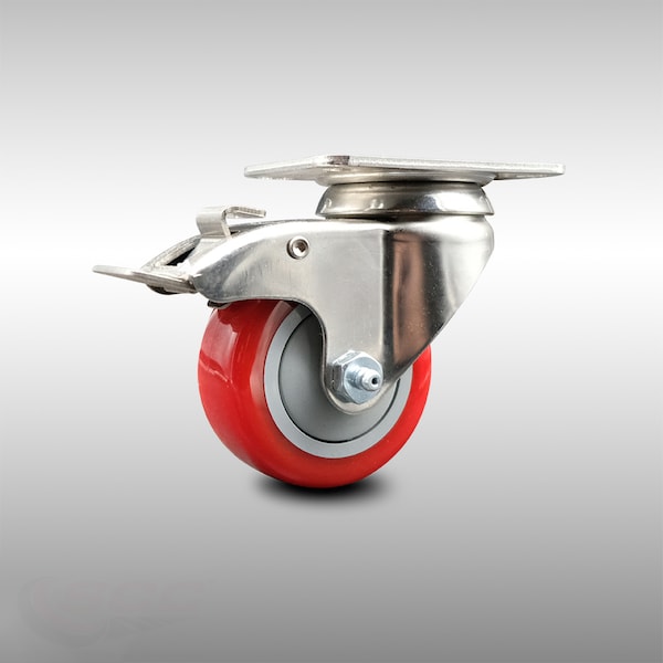 3.5 Inch 316SS Red Polyurethane Swivel Top Plate Caster with Total Lock Brake